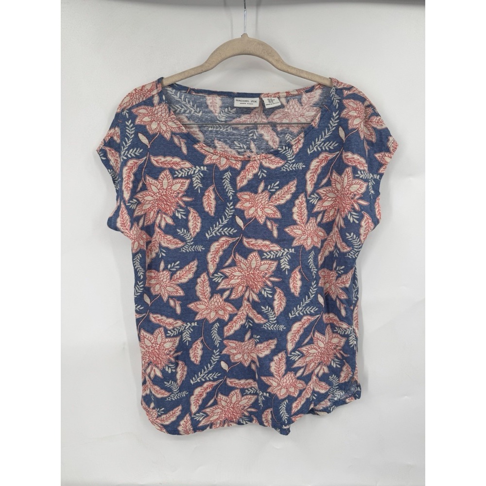 Rachel Zoe 100% Linen Floral Top Women M Blue Red Artsy Beach Preppy Coastal‎